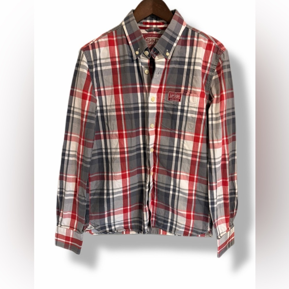 Superdry Shirt Shop Plaid Button-Down Shirt – Red Gray White – Men’s Medium
